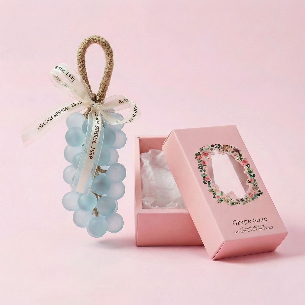Blue grape-shaped hanging soap with pink gift box