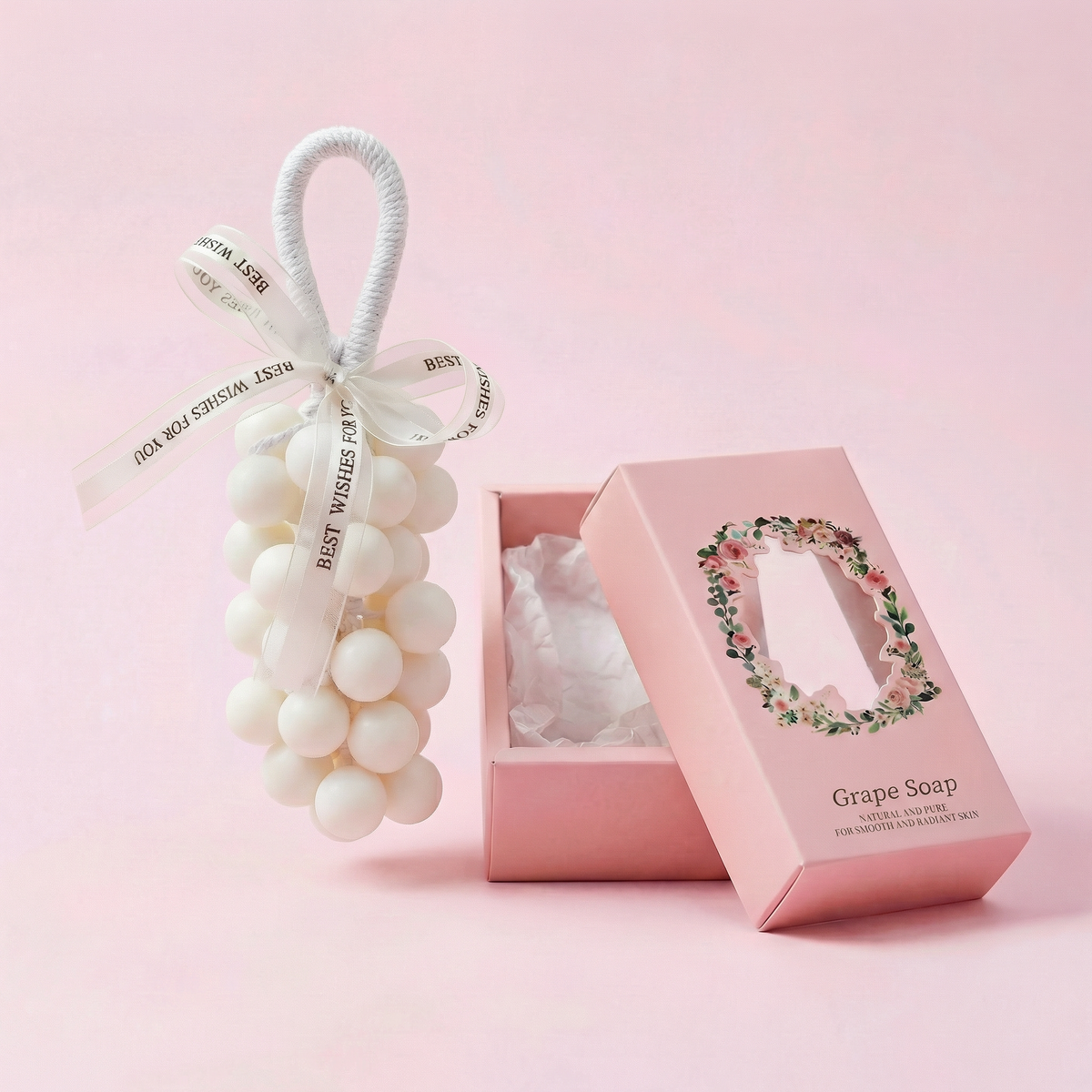 White grape-shaped hanging soap with pink gift box